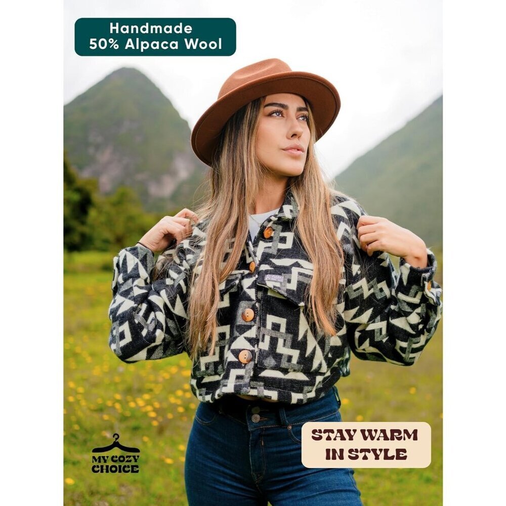 Women's Cropped Jacket 2025 Spring Alpaca Jacket Shacket Long Sleeve Black Beige - Picture 4 of 7